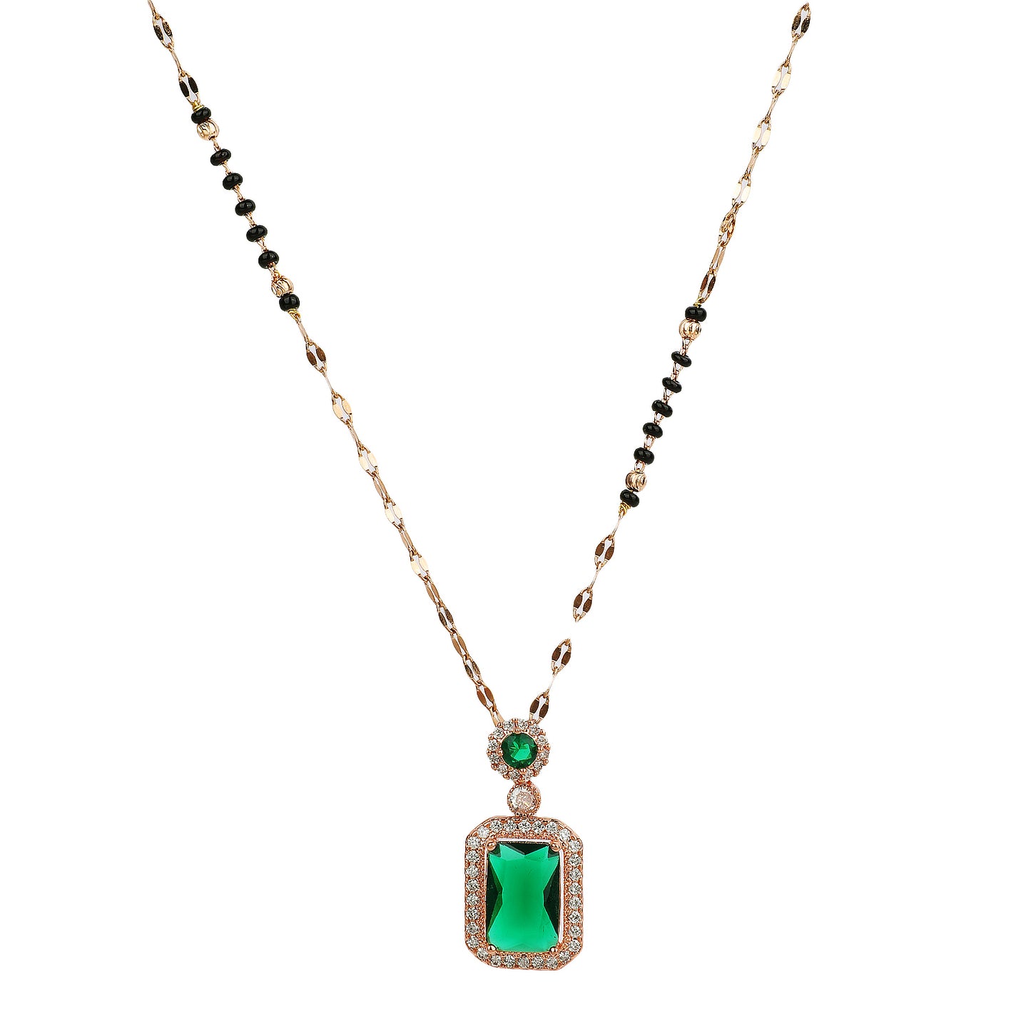 Gold Hindu mangalsutra design with black beads and an emerald green pendant on a white background