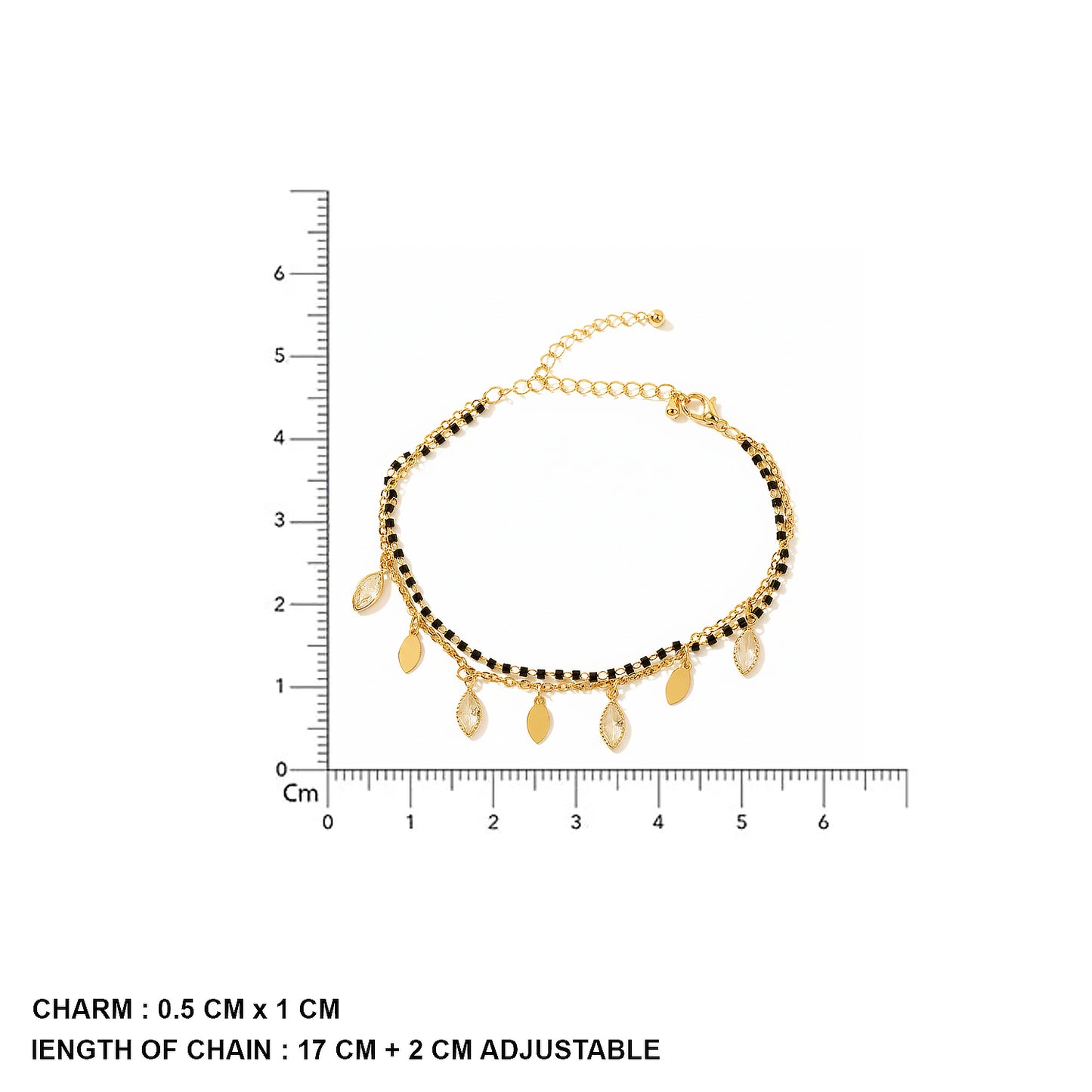 
Gold bracelet design for women with black beads, dangling charms, and size measurement chart
