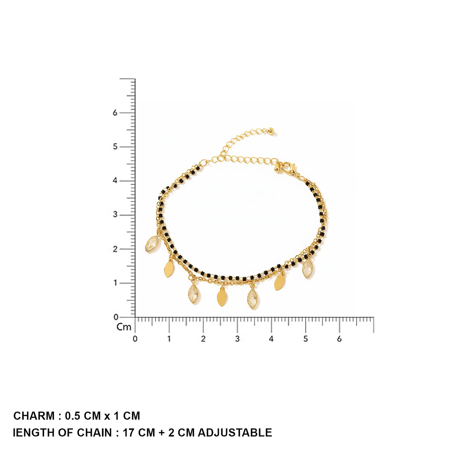 
Gold bracelet design for women with black beads, dangling charms, and size measurement chart
