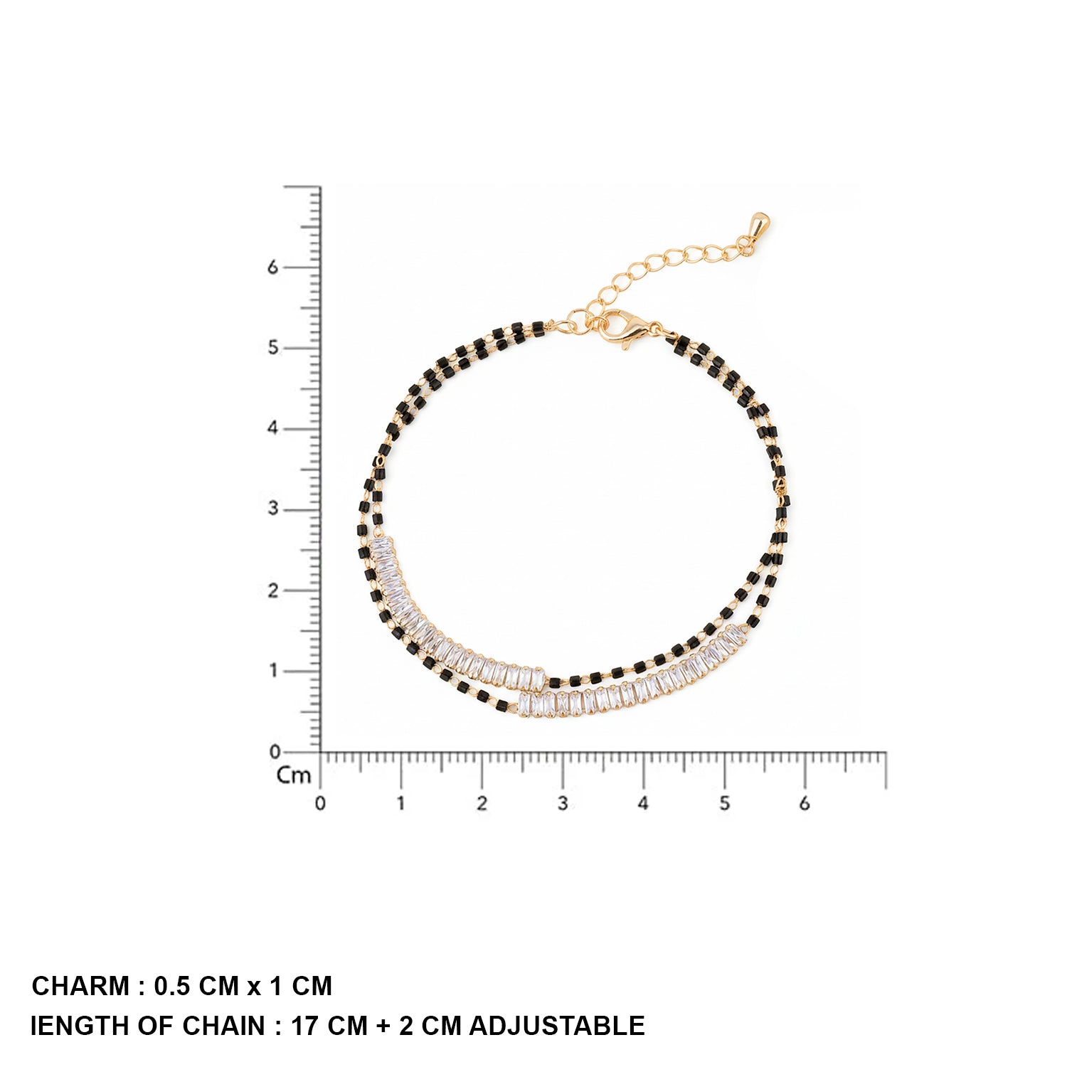 Gold hand mangalsutra bracelet with black beads and adjustable chain displayed with size measurement