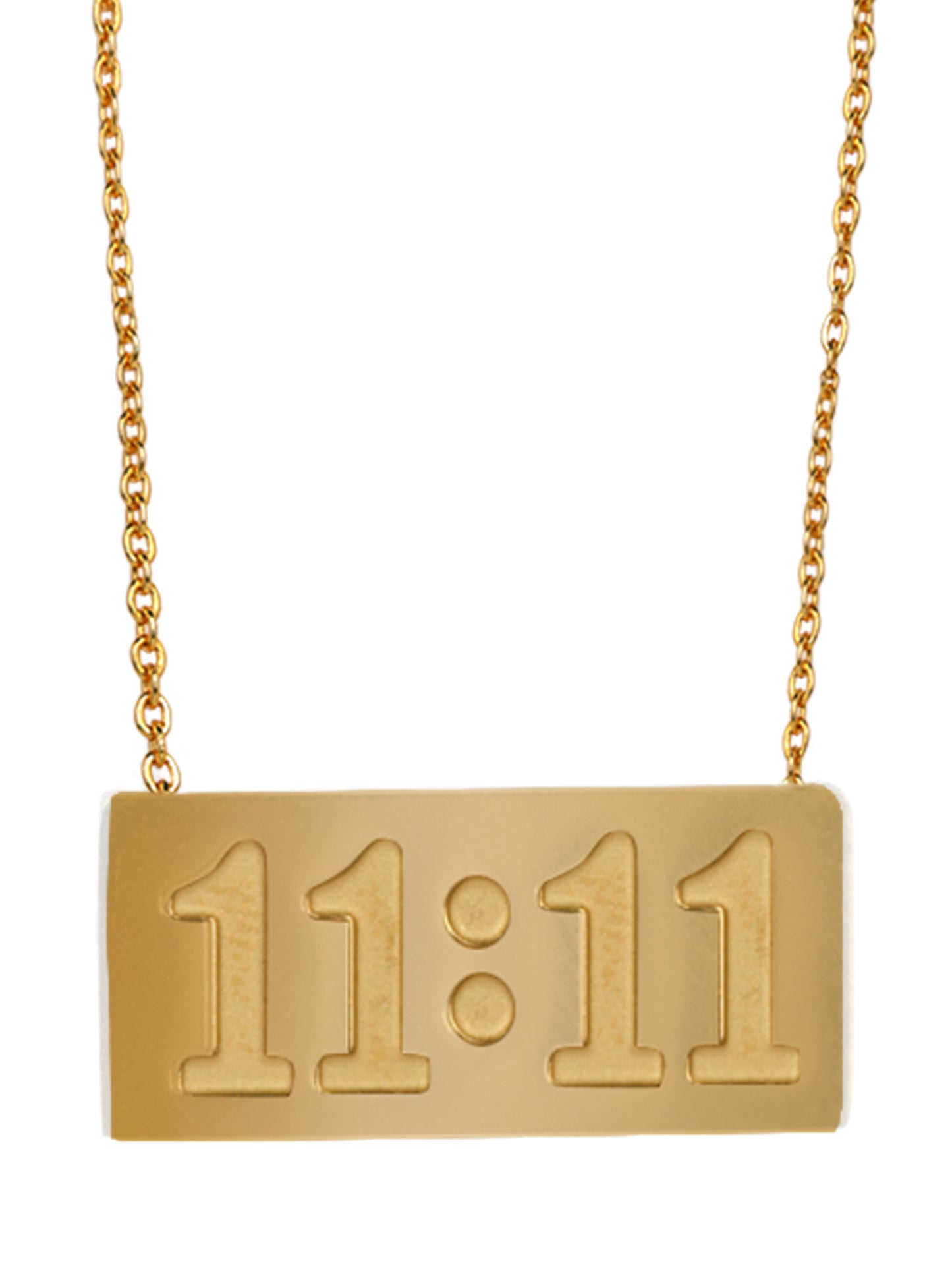 Close-up of a high-quality gold chain with pendant featuring the numbers 11:11 engraved on a rectangular bar