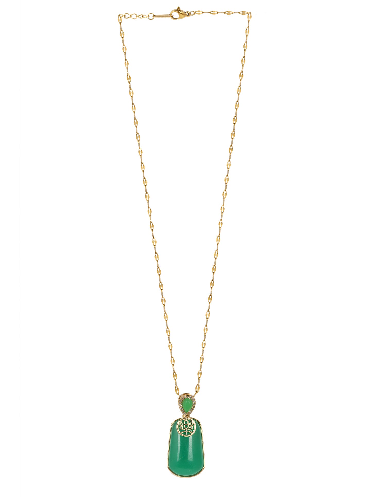 Full view of a light weight gold necklace featuring a delicate link chain and a rectangular green stone pendant
