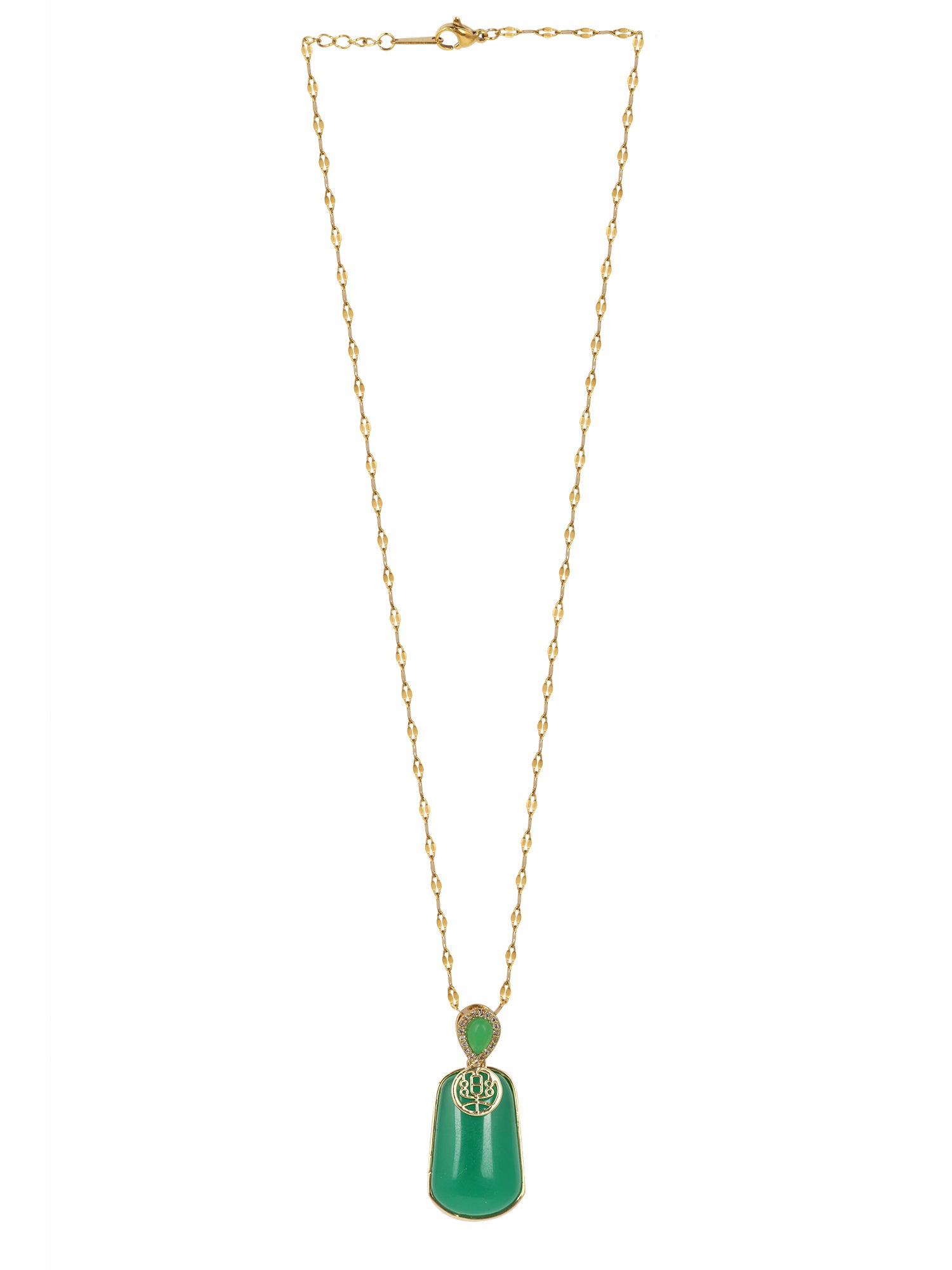 Full view of a light weight gold necklace featuring a delicate link chain and a rectangular green stone pendant
