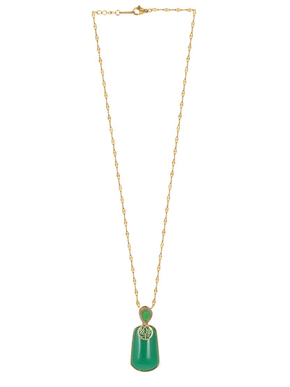 Full view of a light weight gold necklace featuring a delicate link chain and a rectangular green stone pendant
