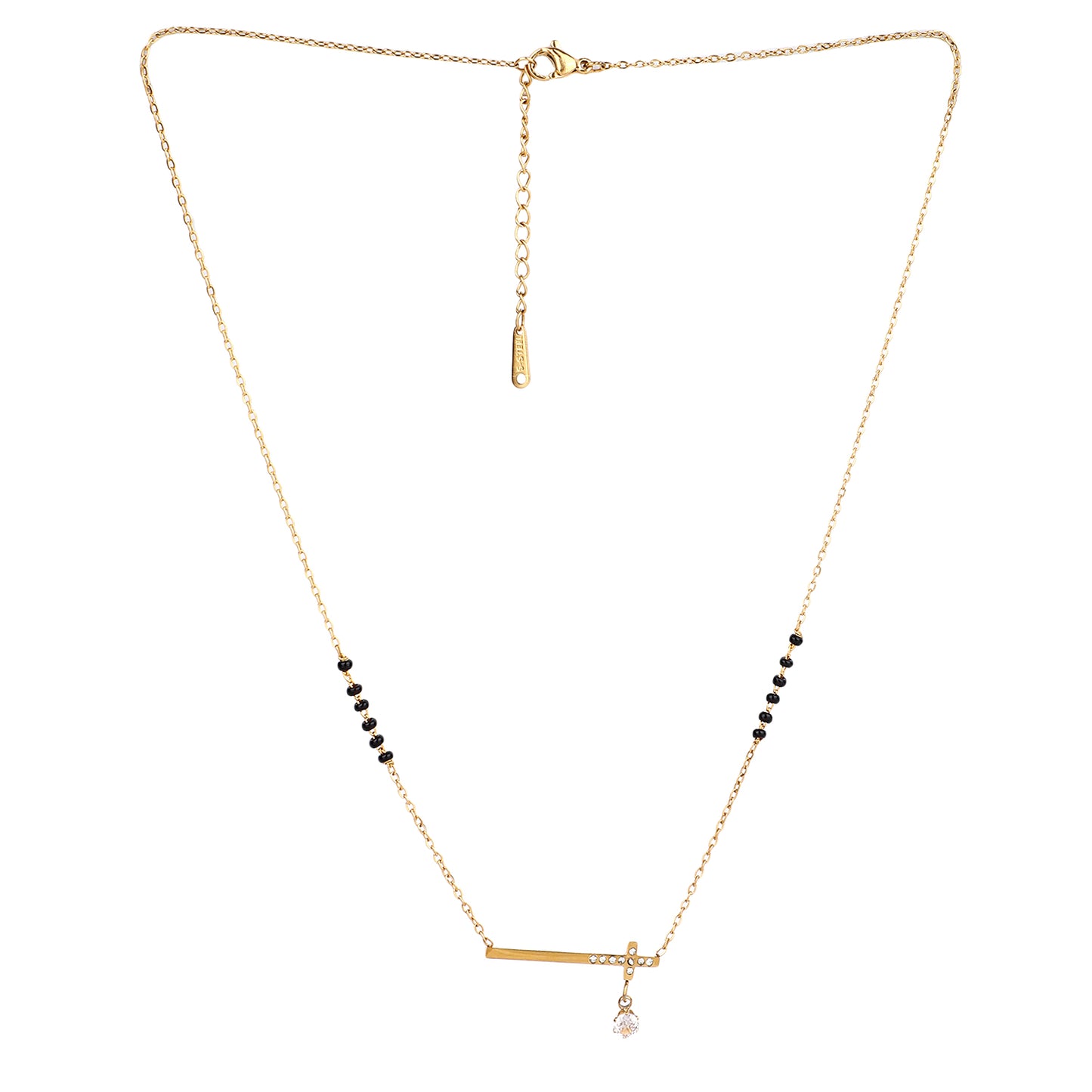 Model wearing one of the trending small mangalsutra designs in gold