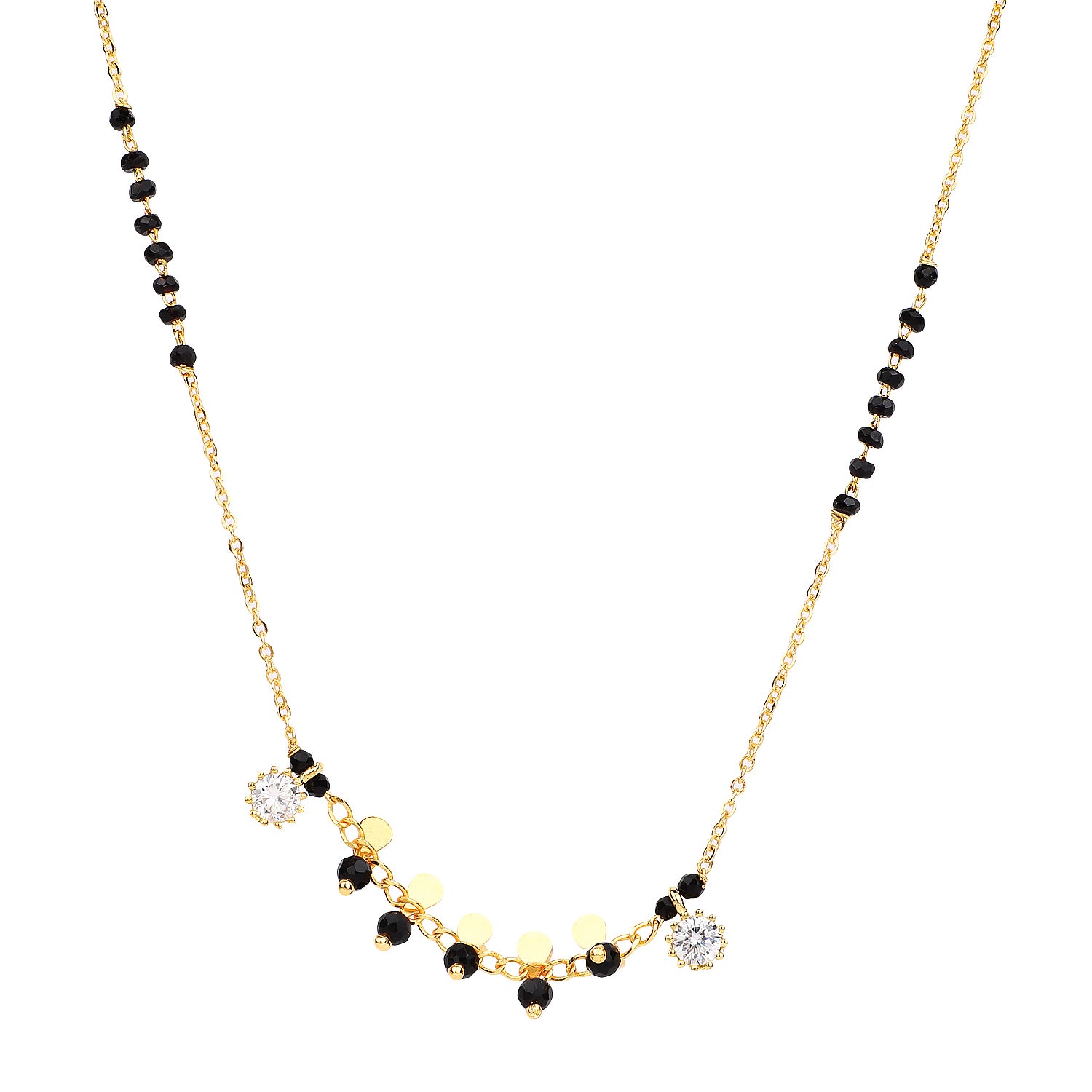 Modern mangalsutra design with gold chain, black beads and charm drop pendant