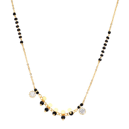 Modern mangalsutra design with gold chain, black beads and charm drop pendant