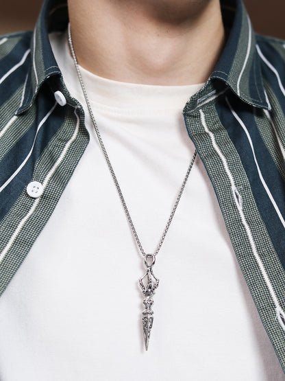 Silver chain necklace for guys with detailed pendant on casual outfit