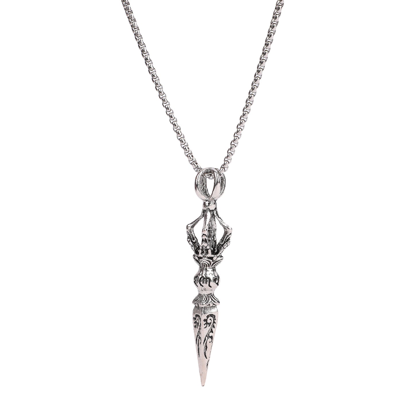 Ornate mens silver necklace and pendant on white background