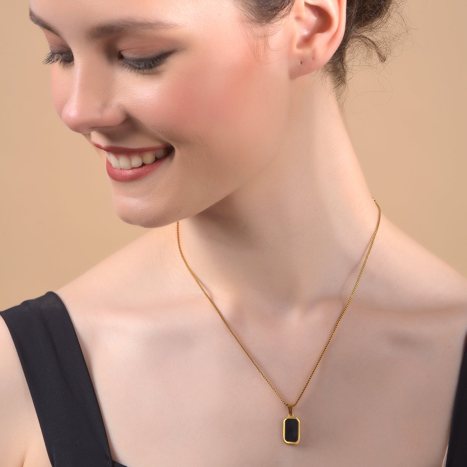 Sleek Black Pendant Necklace in Gold Finish