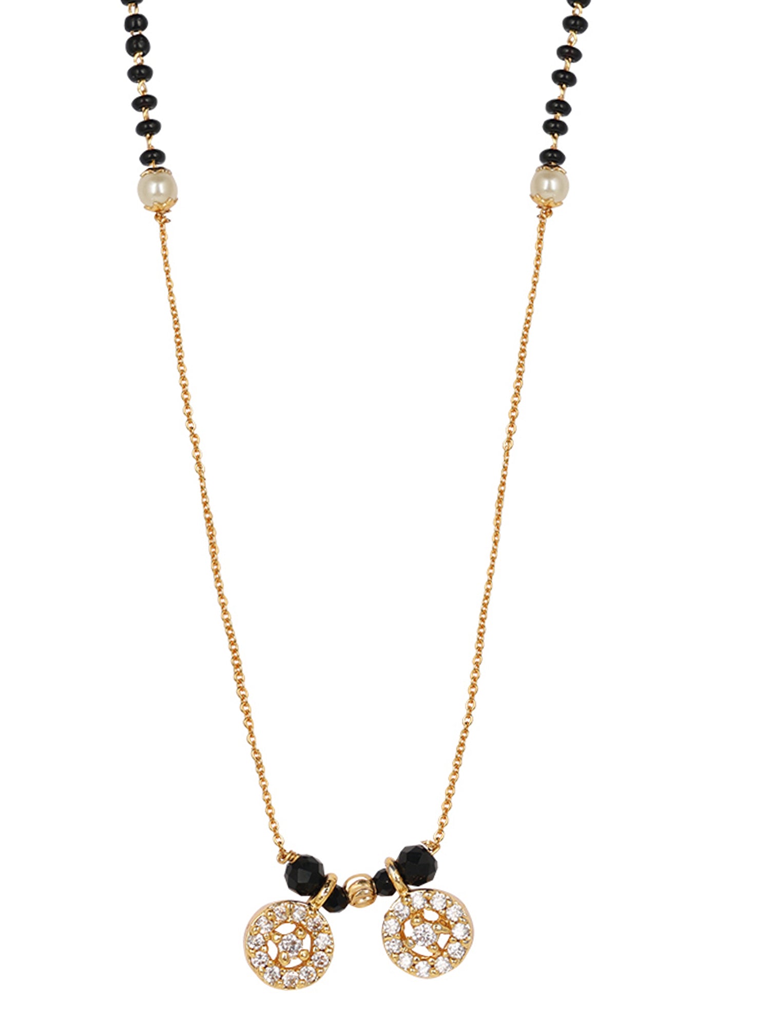 Modern mangalsutra design featuring a long gold chain, black beads, pearl accents, and sparkling diamond-look wheel pendants