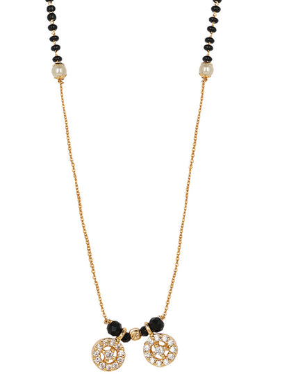 Modern mangalsutra design featuring a long gold chain, black beads, pearl accents, and sparkling diamond-look wheel pendants