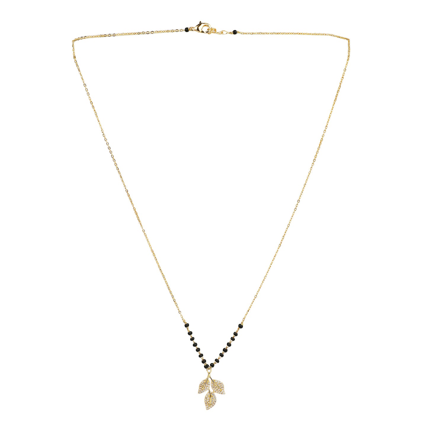 Traditional mangalsutra design with black bead chain and crystal leaf pendant