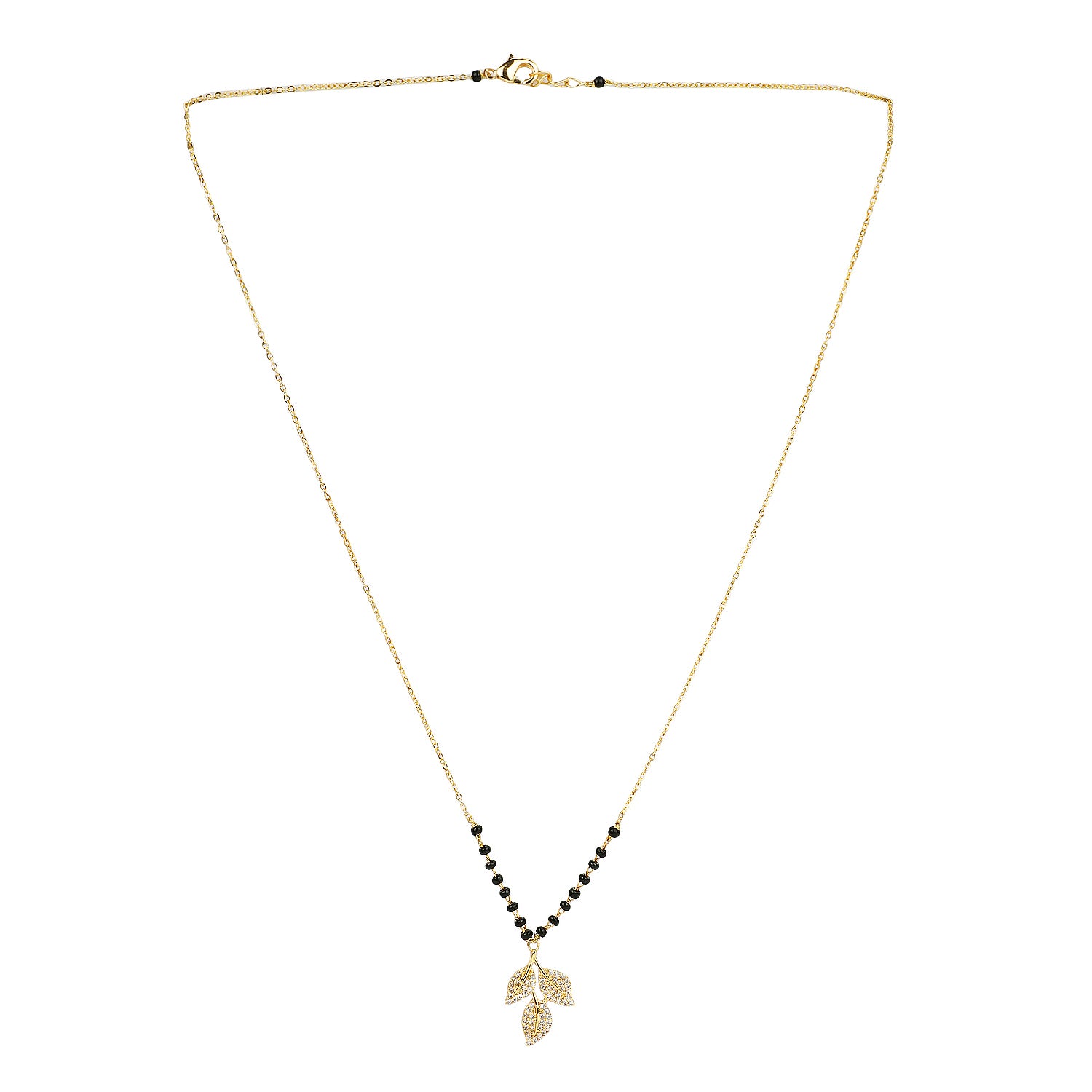 Traditional mangalsutra design with black bead chain and crystal leaf pendant