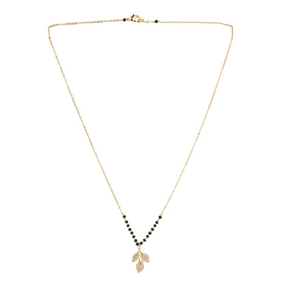 Traditional mangalsutra design with black bead chain and crystal leaf pendant