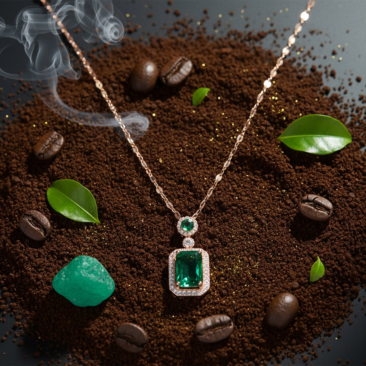 Modern mangalsutra design with an emerald pendant displayed over coffee grounds and green leaves
