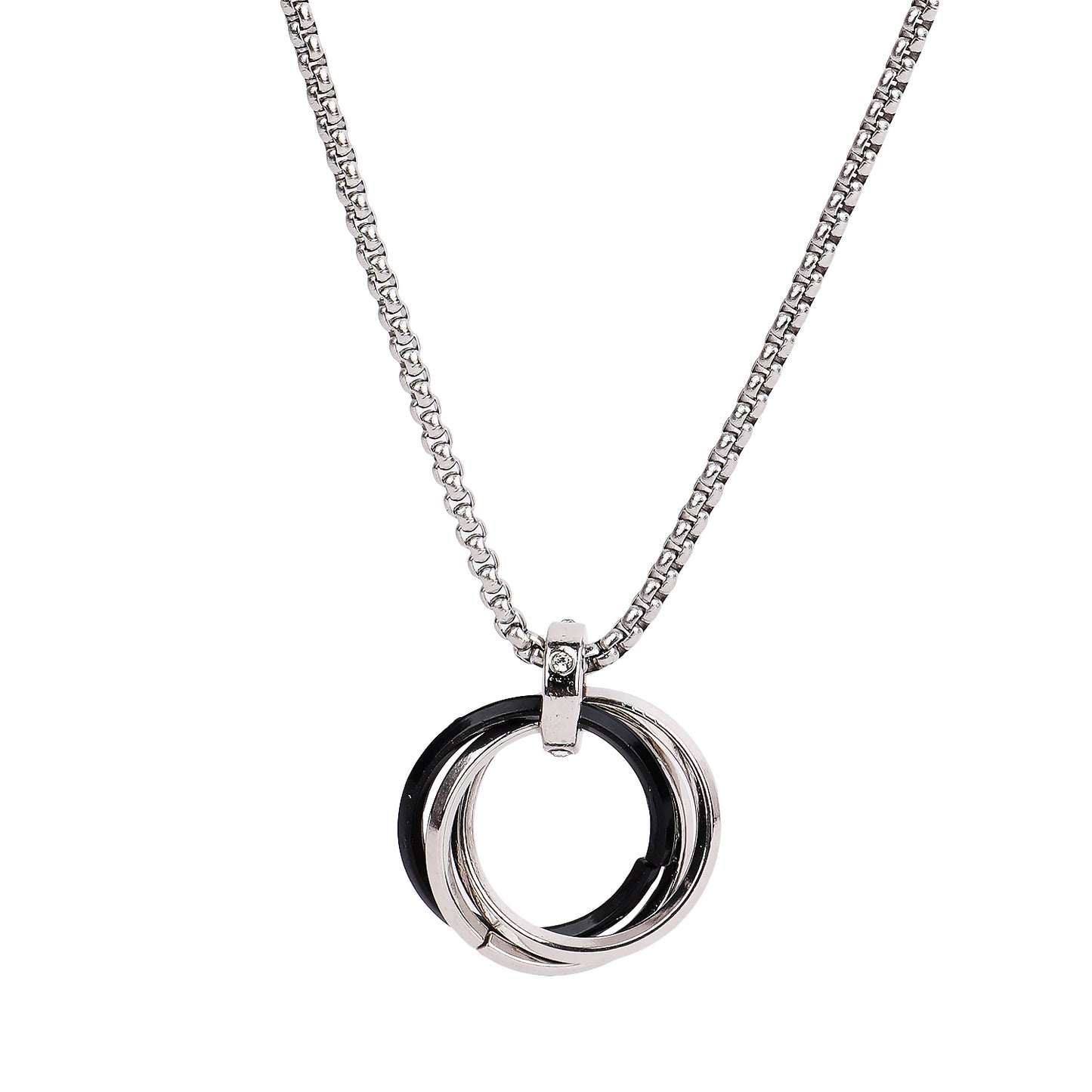 Chain with ring pendant in black and silver interlocking style