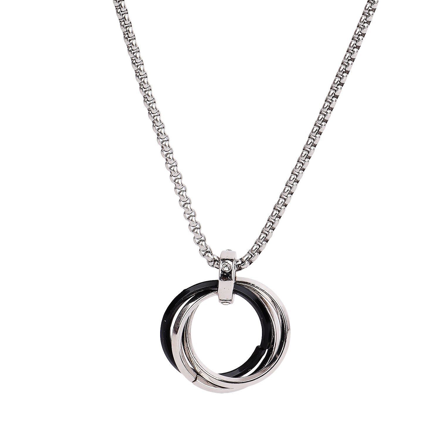 Chain with ring pendant in black and silver interlocking style