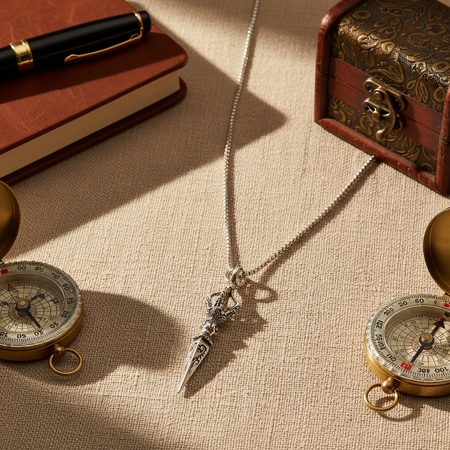 Silver pendant necklace displayed with vintage props and warm lighting
