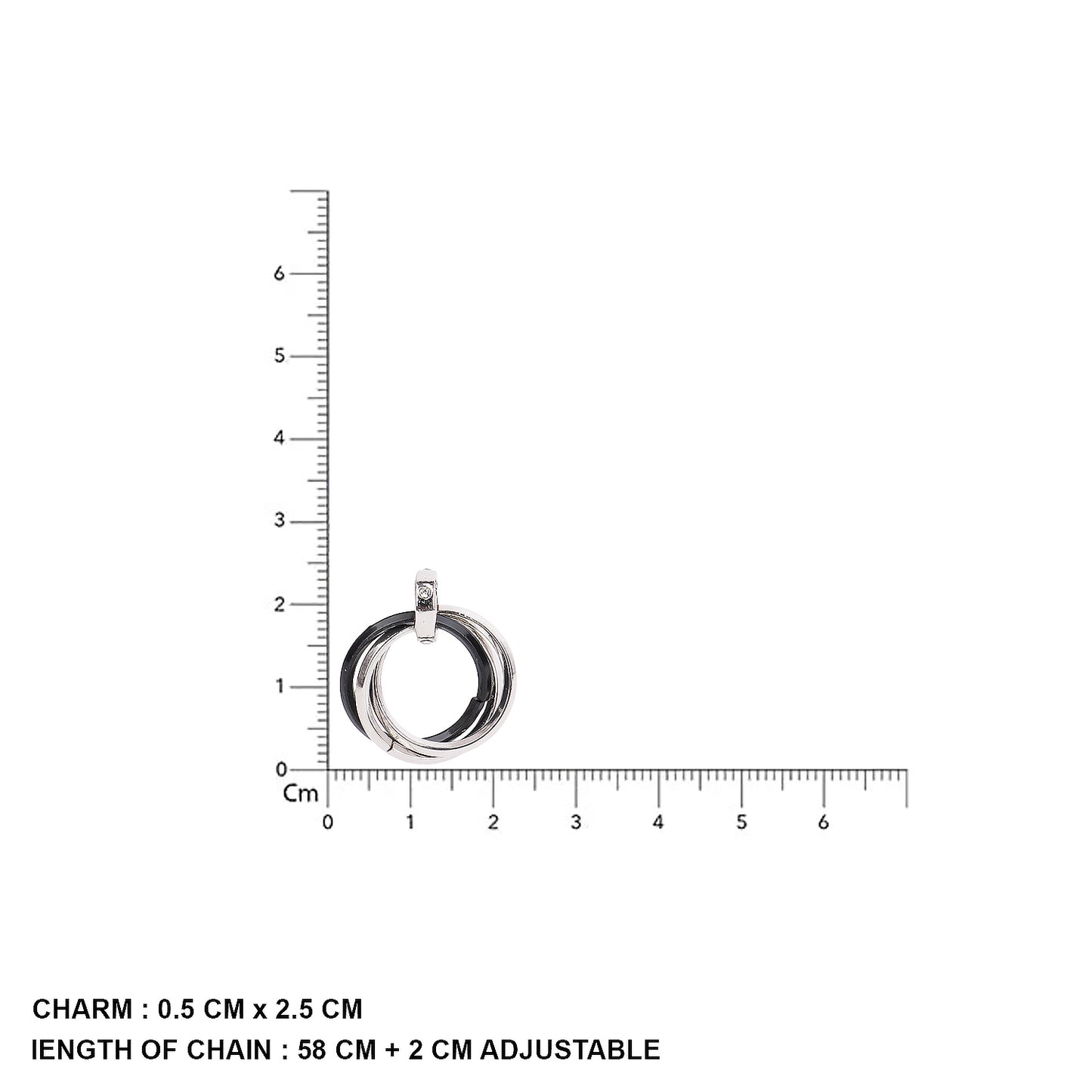 Pendant chain necklace with multi-ring charm shown with size
