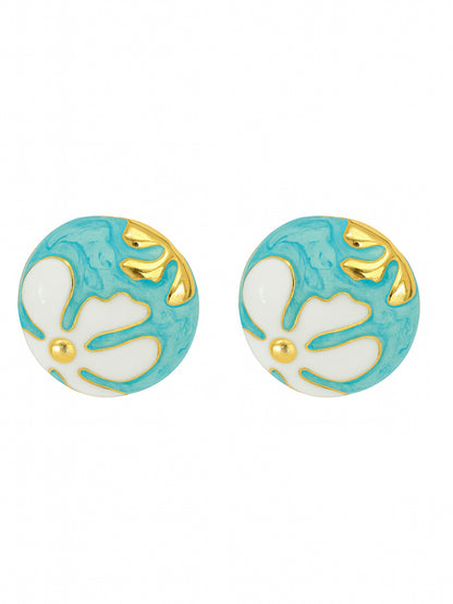 Round earring set with a turquoise and white enamel floral design