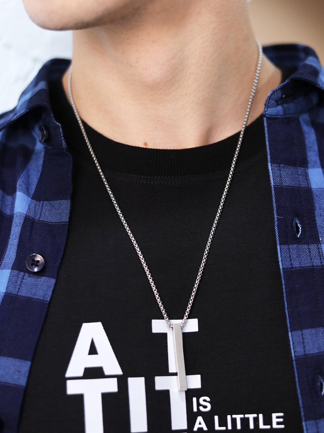 Minimal silver chain pendant necklace on model