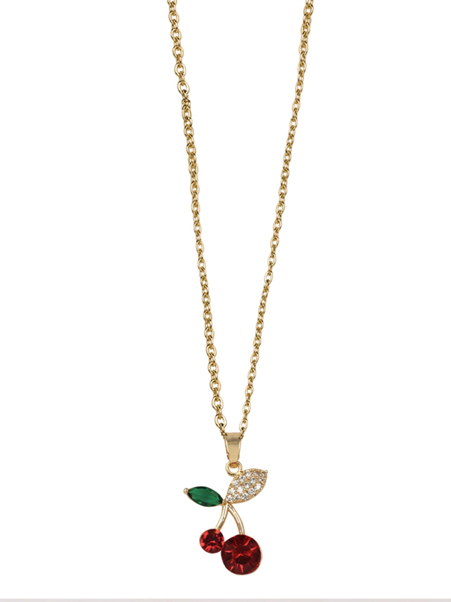 Close-up of modern gold necklace designs showing a gold-tone cable chain and a sparkling cherry-shaped charm