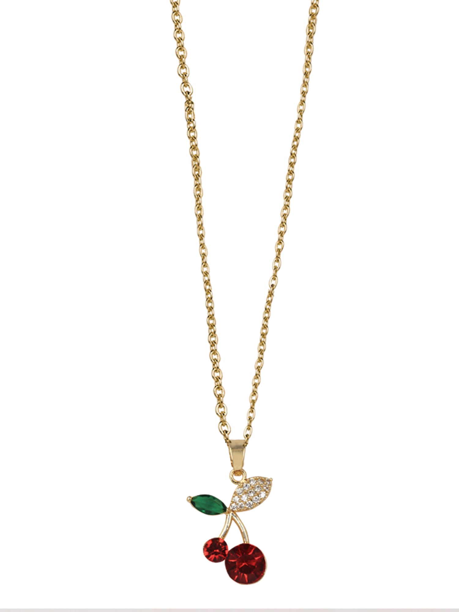 Close-up of modern gold necklace designs showing a gold-tone cable chain and a sparkling cherry-shaped charm