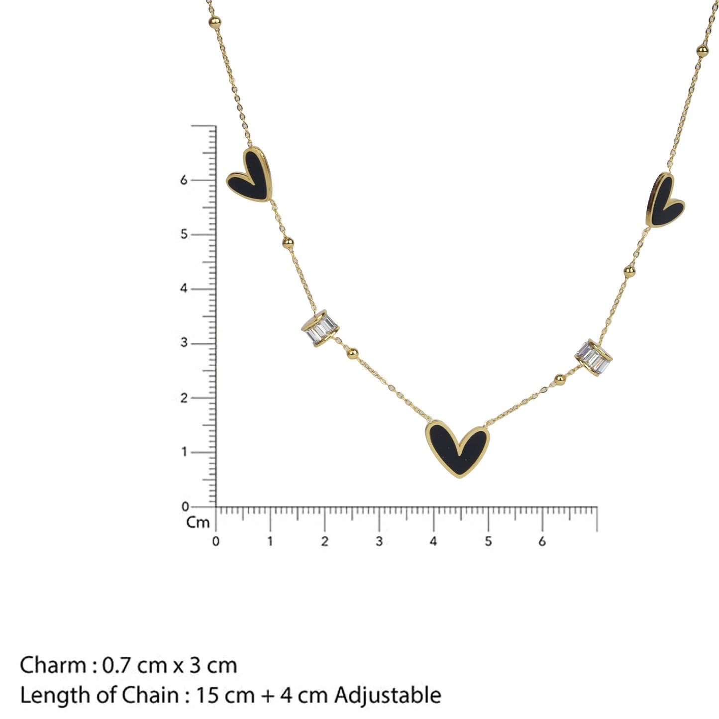 Small gold necklace designs with measurement scale showing 15cm chain and adjustable 4cm extender.