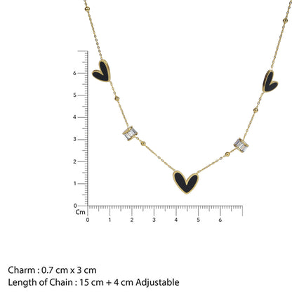Small gold necklace designs with measurement scale showing 15cm chain and adjustable 4cm extender.