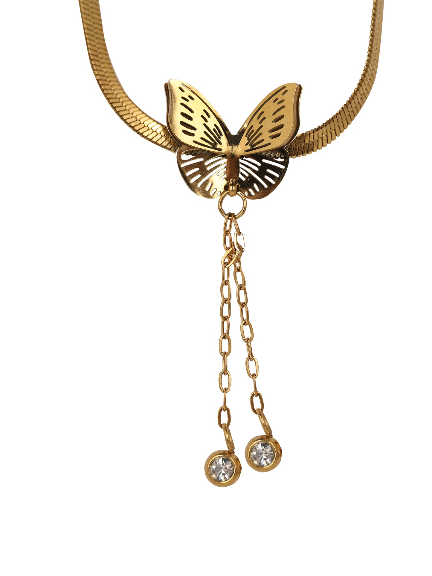 Close-up of small gold necklace designs a delicate butterfly pendant and matching stud earrings