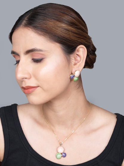 Small gold necklace designs featuring a delicate gold plated chain with pendant and matching earrings