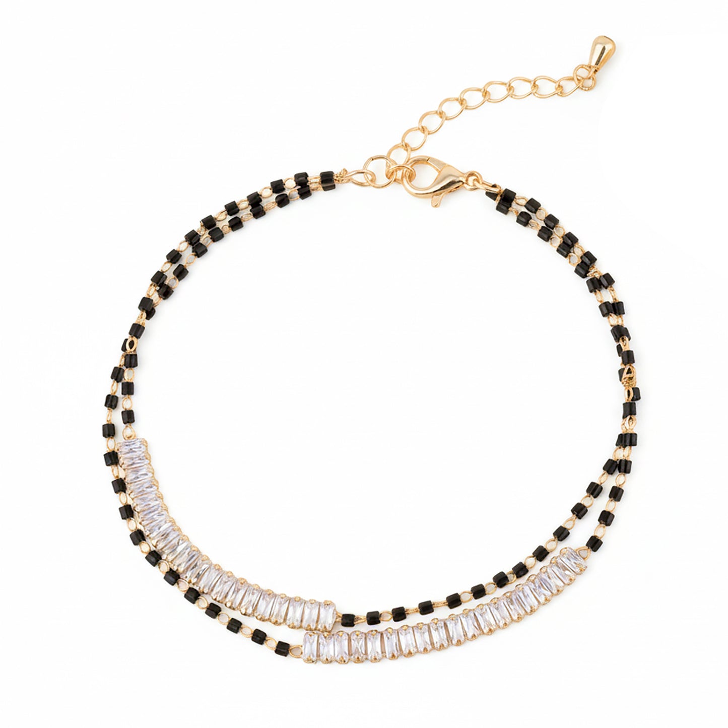Small gold mangalsutra bracelet design for women with black beads and sleek stone detailing