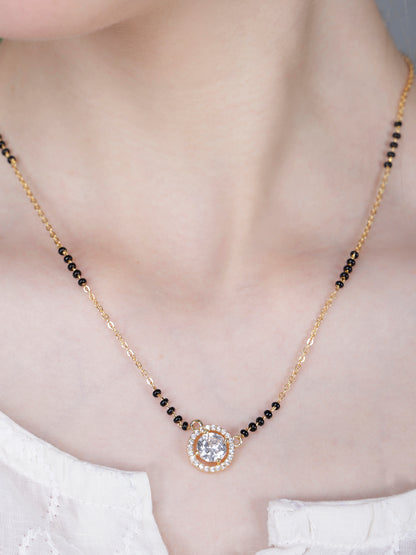 Trending mangalsutra design gold chain necklace with black beads and a sparkling round solitaire CZ pendant