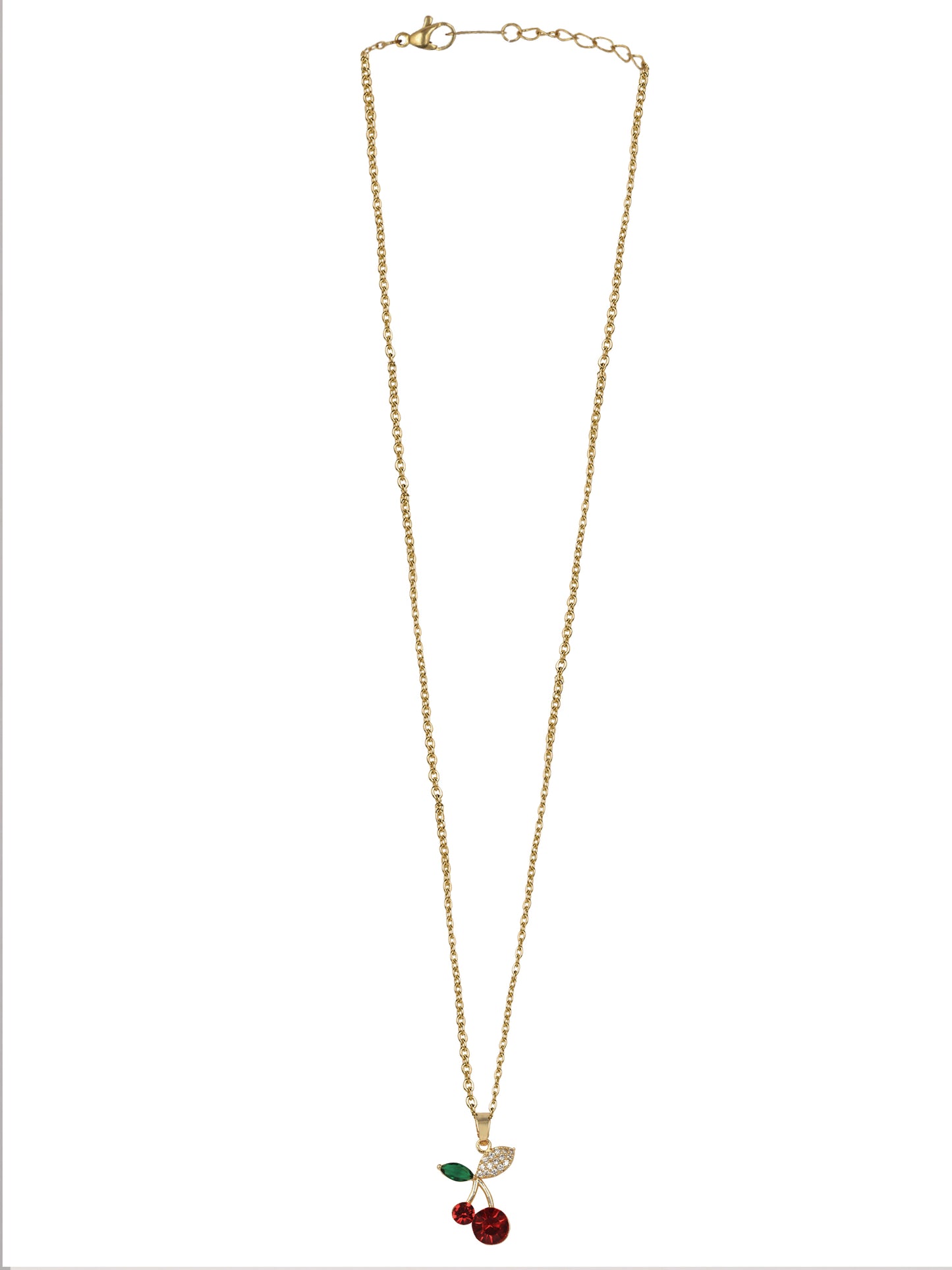 : A high-quality gold necklace for women featuring a pendant shaped like cherries with red and green crystals