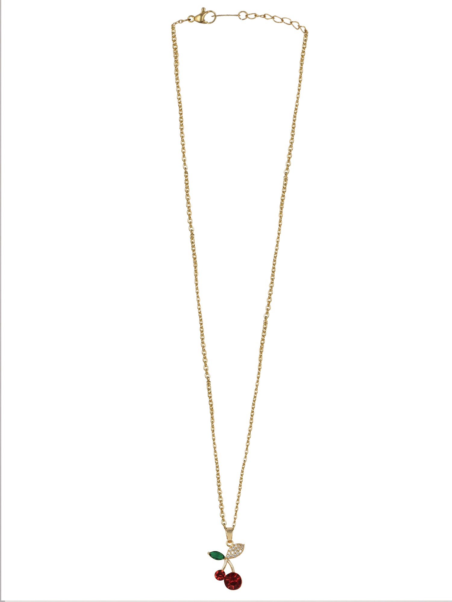 : A high-quality gold necklace for women featuring a pendant shaped like cherries with red and green crystals