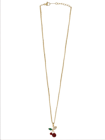 : A high-quality gold necklace for women featuring a pendant shaped like cherries with red and green crystals