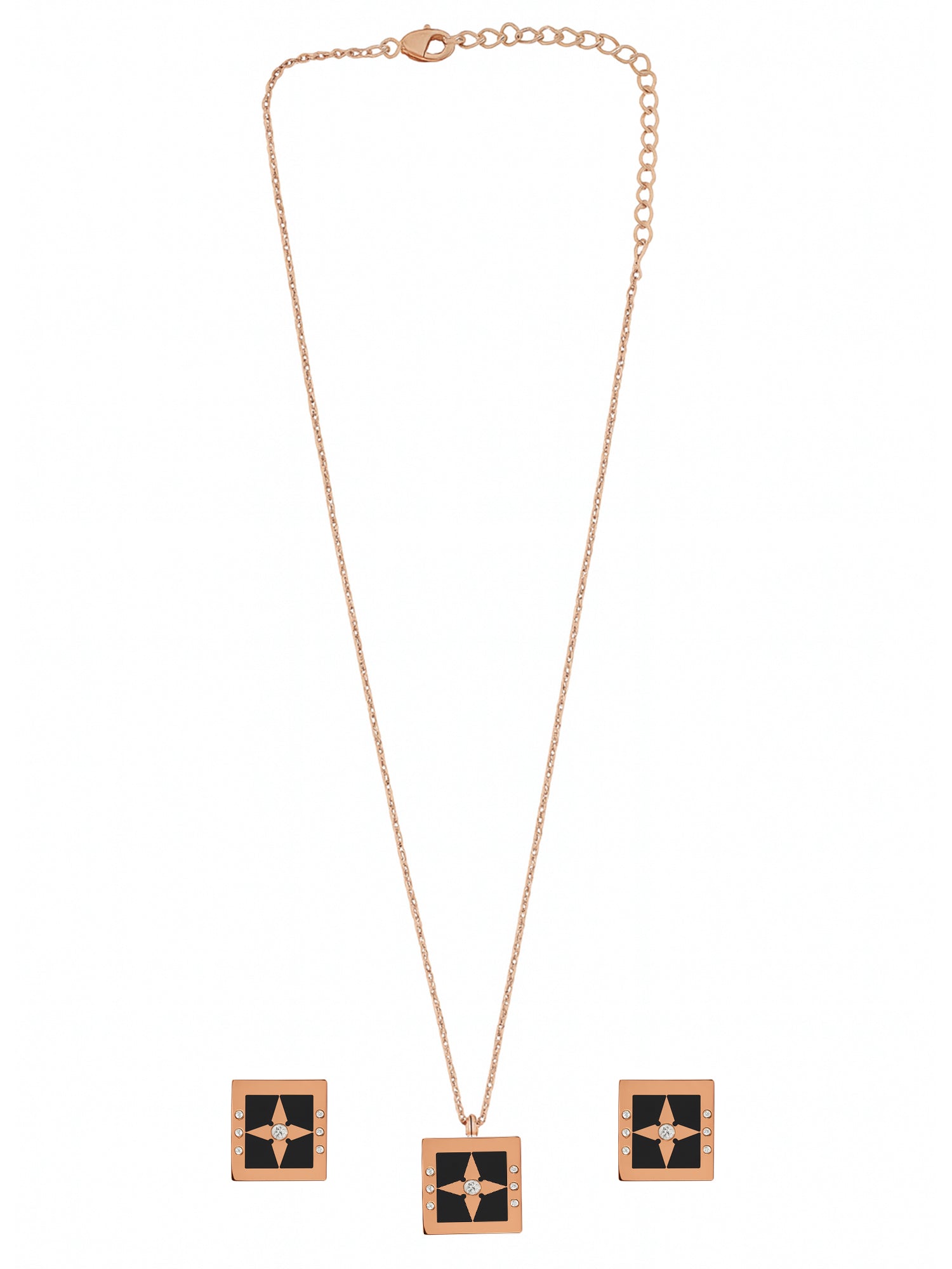 Rose gold chain with pendant featuring a square black enamel and crystal compass-star design, and matching stud earrings