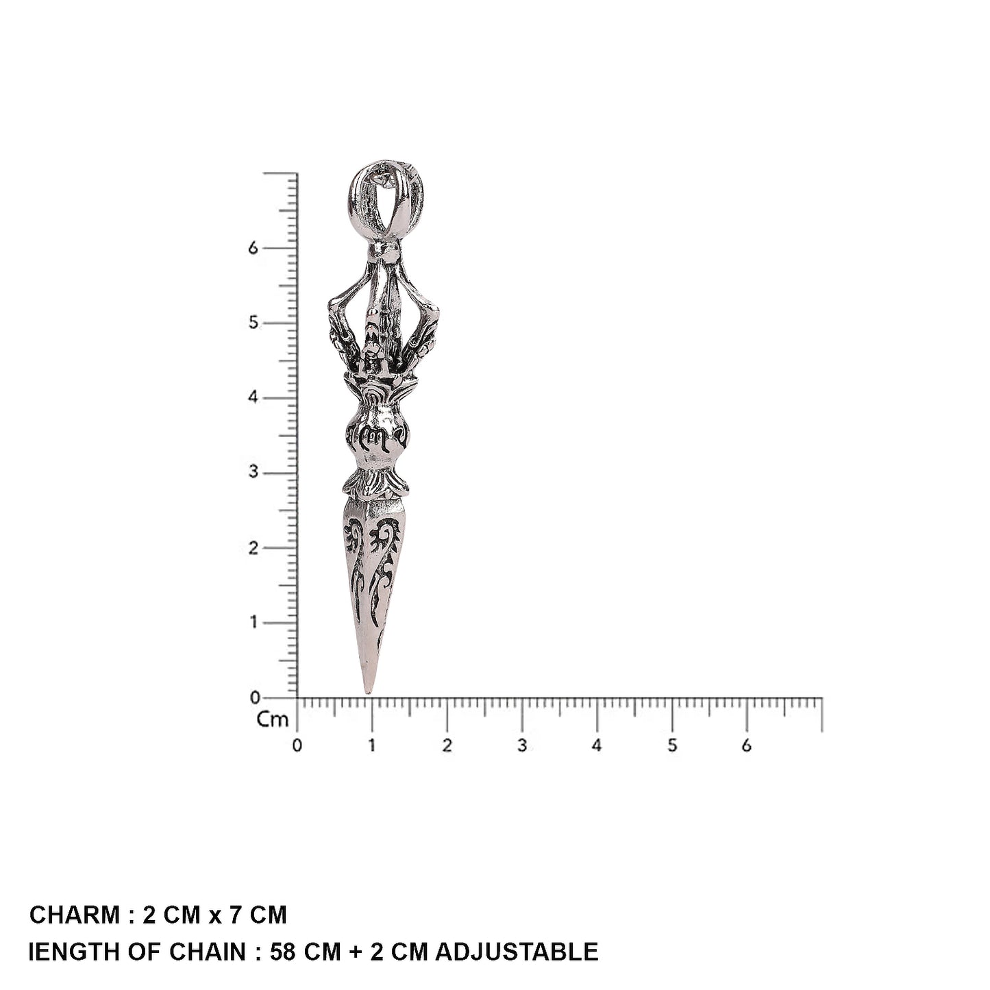 Detailed stainless steel pendant necklace shown with dimensions