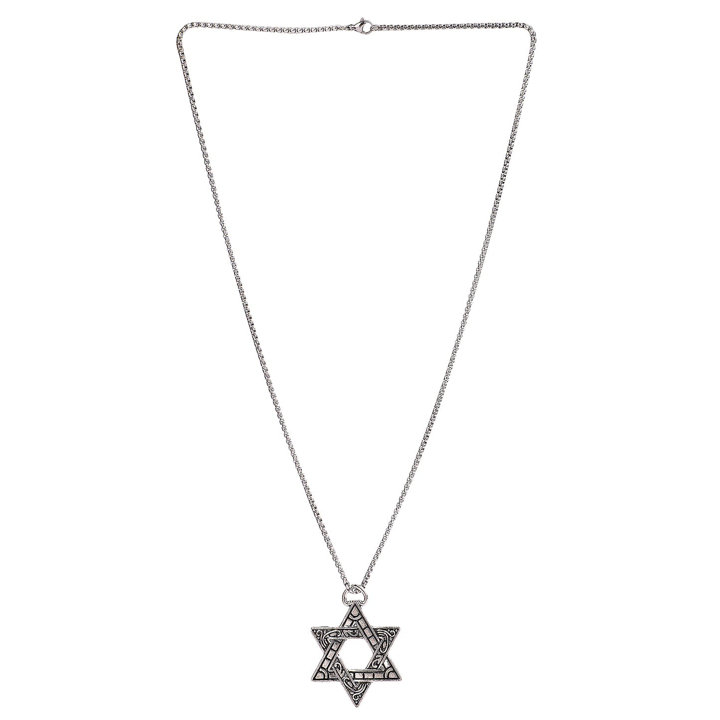 Chain necklace silver mens with a geometric star pendant on a white background