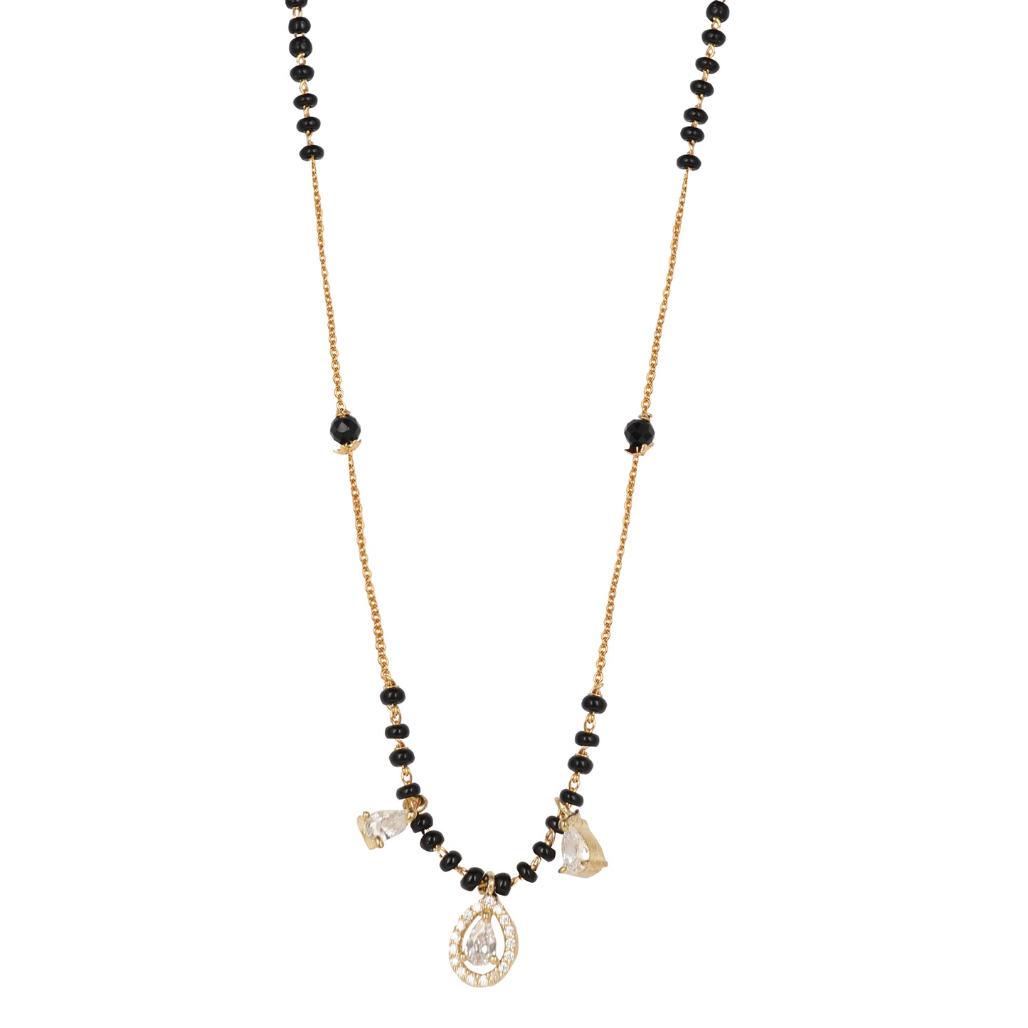 Elegant fancy short mangalsutra design featuring black beads and gold teardrop crystal charm