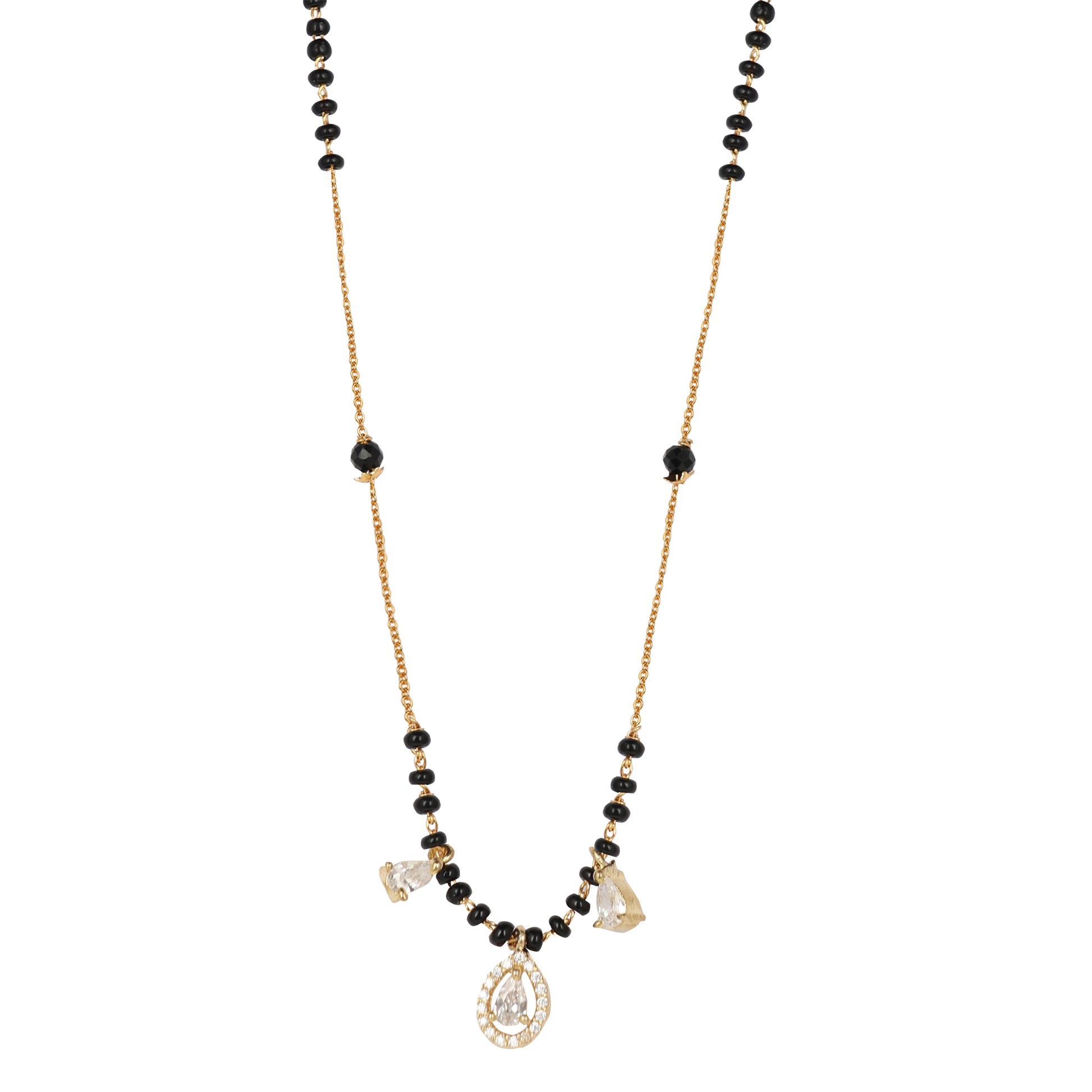 Elegant fancy short mangalsutra design featuring black beads and gold teardrop crystal charm