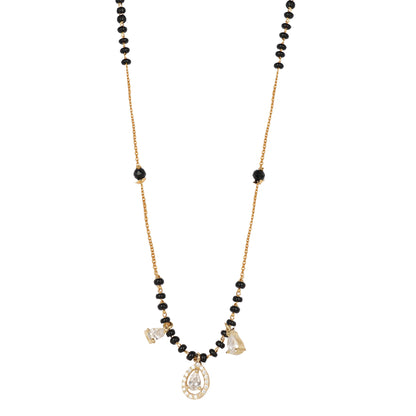 Elegant fancy short mangalsutra design featuring black beads and gold teardrop crystal charm