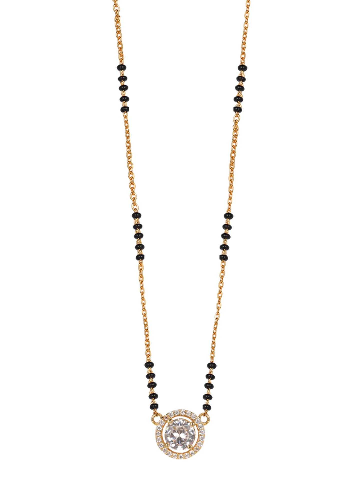  Short traditional mangalsutra design featuring a sparkling round cubic zirconia solitaire  on a gold-plated chain