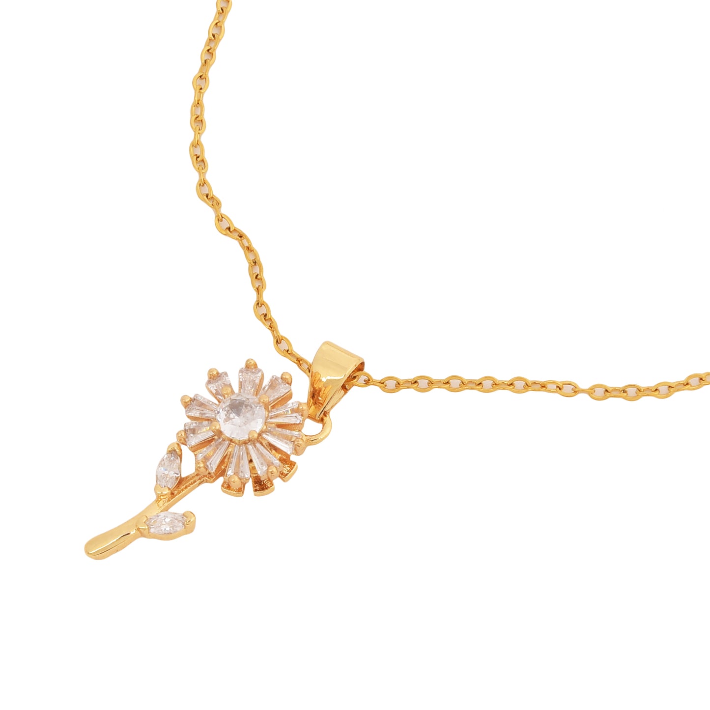 Modern gold necklace design featuring a floral stone-studded pendant on a sleek lightweight chain