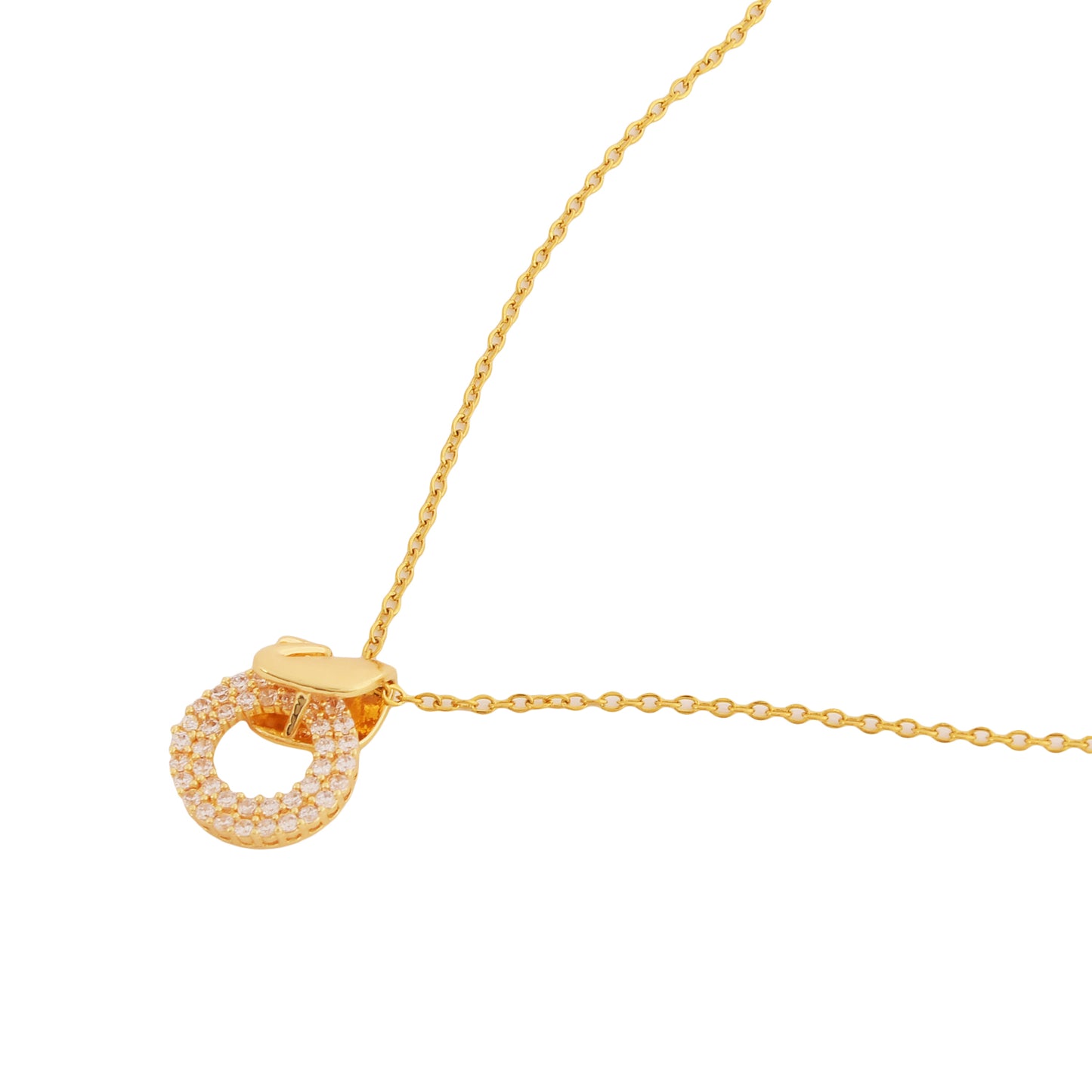 A close-up view of a modern gold long necklace design showcasing a high-polish gold chain and a round pendant set with brilliant white crystals