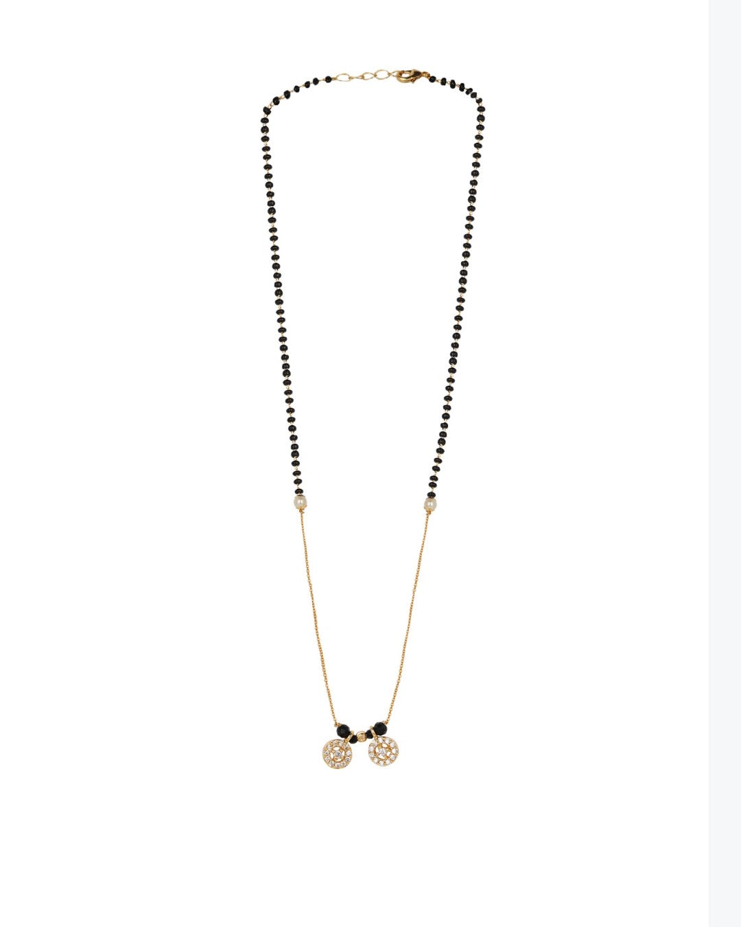 Classic Black Bead Gold-Plated Mangalsutra with Dual Crystal Circle Pendants