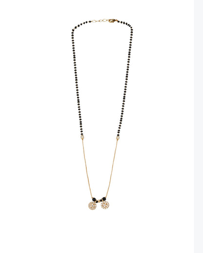Classic Black Bead Gold-Plated Mangalsutra with Dual Crystal Circle Pendants