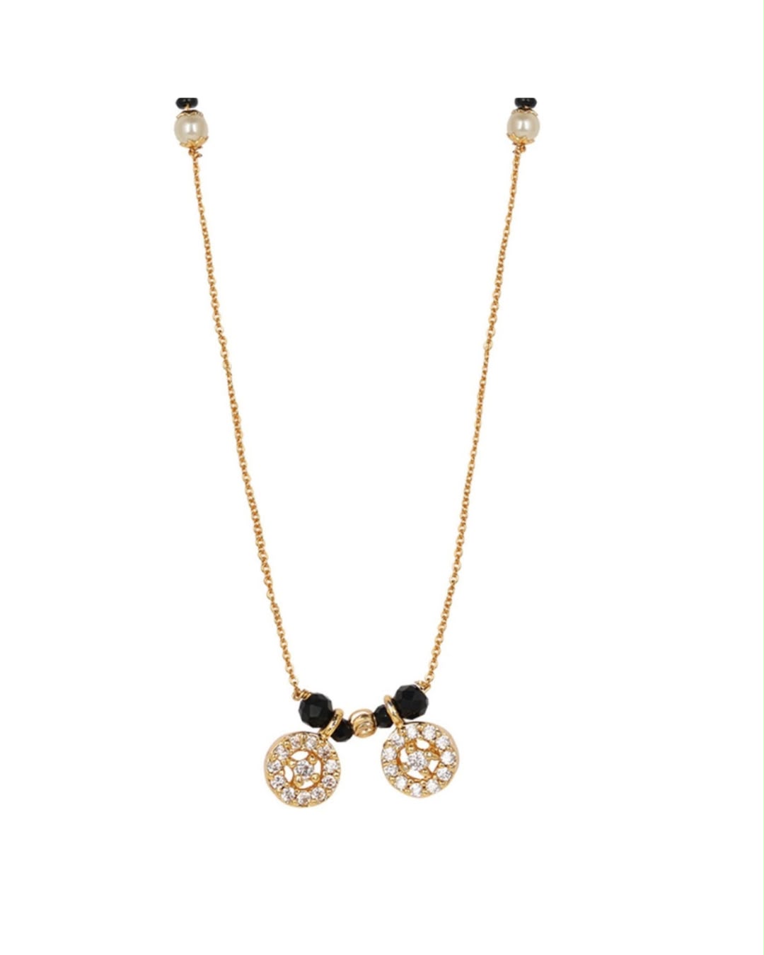 Classic Black Bead Gold-Plated Mangalsutra with Dual Crystal Circle Pendants