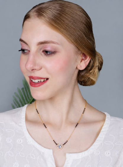 Elegant Black Bead Gold-Plated Mangalsutra with Round Crystal Pendant